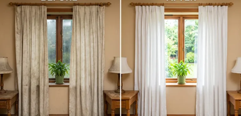 Before and after curtain cleaning Melbourne — on-site drapery cleaning by South Clean