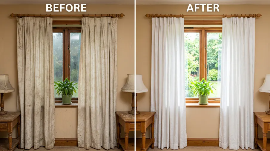 Before and after curtain cleaning Melbourne — on-site drapery cleaning by South Clean